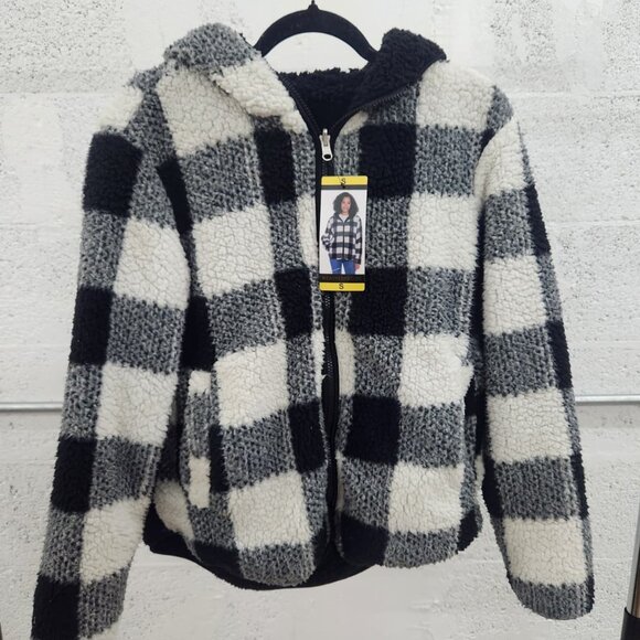NWT Weatherproof Reversible Sherpa Zip Hoodie Black/White Buffalo Plaid Size S - Picture 4 of 16